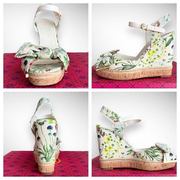 Tory Burch Penny 120MM Wedge in Watercolor Botanical Print / New Ivory Sz 7(M) - Picture 5 of 16